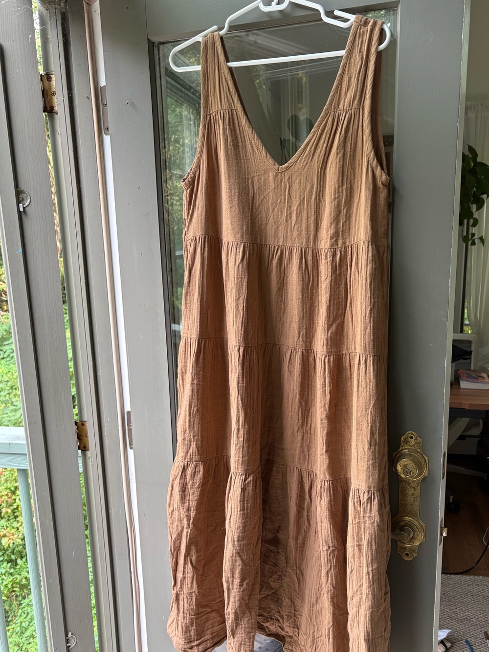 Quince Rust-Tone Sleeveless Tiered Midi Dress